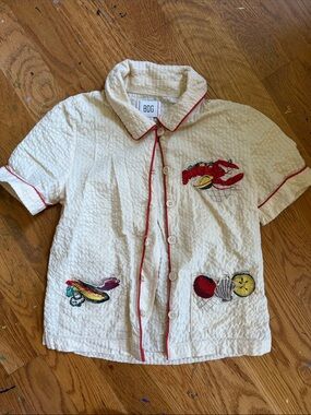 BDG White Quilted womens Button-Up Top with Red Trim and Fruit Patchwork